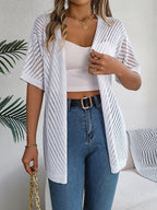 Women S Vertical Stripe Hollow Out Short Sleeve Knit Cardigan Cover-Up