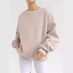 Solid Color Crew Neck Loose-Fit Pullover Sweatshirt Top For Women
