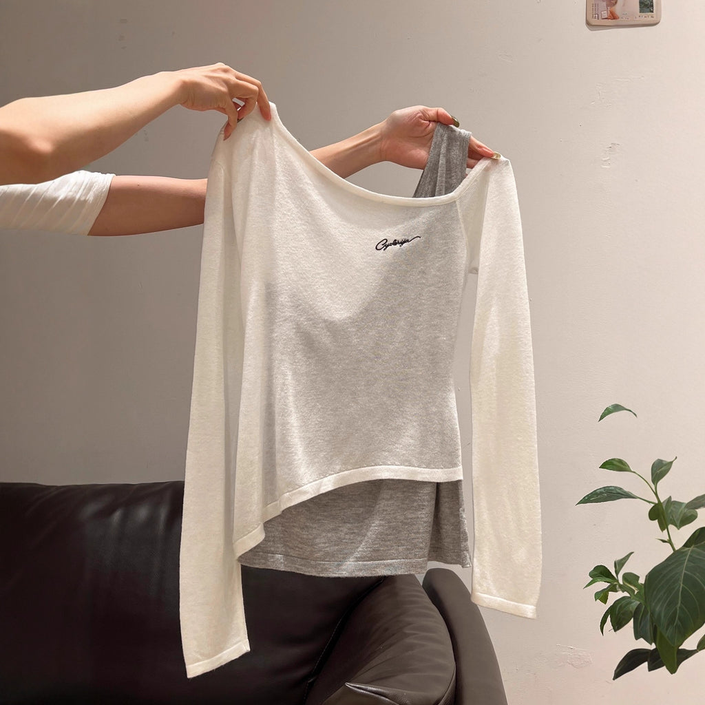 Fake Two-piece Embroidered Off-shoulder Long Sleeves