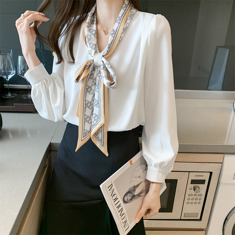 Professional Shirt Women''s Autumn Dress Long Sleeve Bow Ribbon Bubble Sleeve