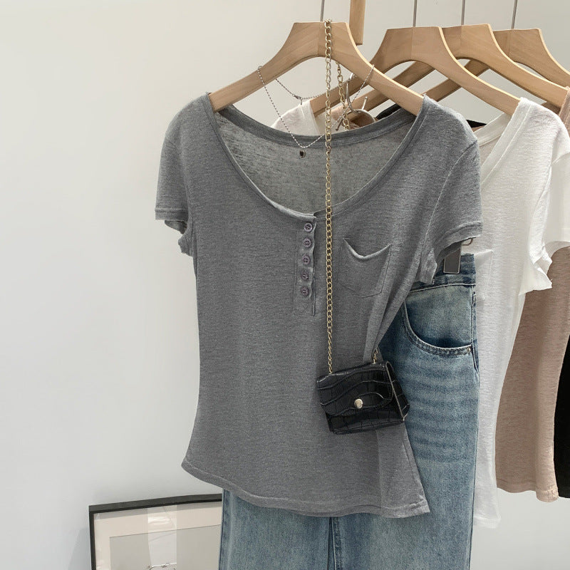 European-style High-end Chic Short-sleeve Top With Buttoned Pocket Detailing