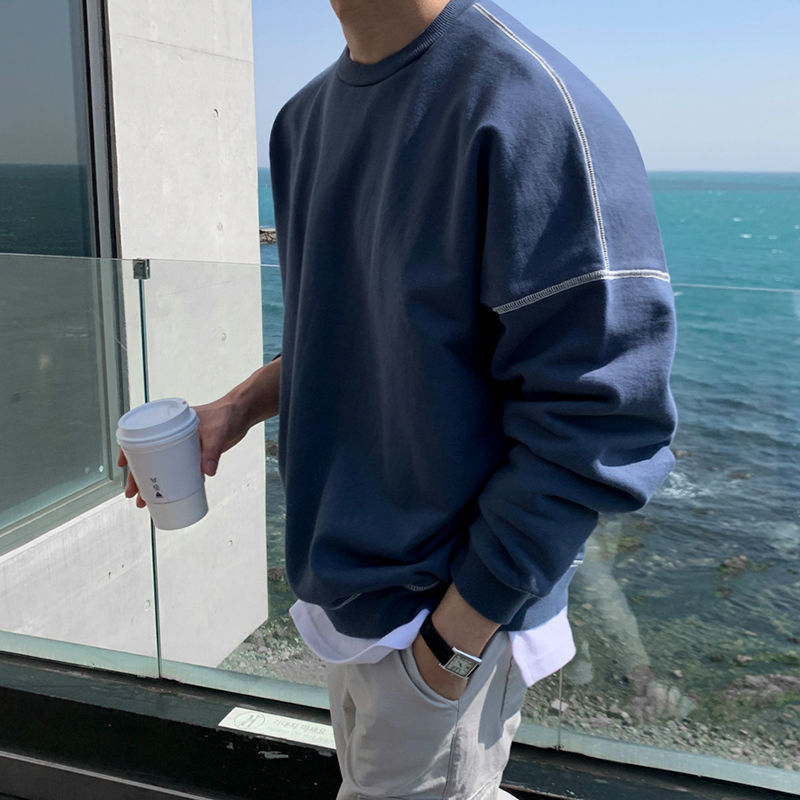 Crewneck Hoodie Men's Autumn Loose Design Sense Niche Solid Color Long-sleeved T-shirt Top