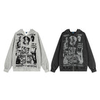 Water-washed Vintage-style Printed Hooded Cardigan Jacket Loose-fit Springautumn Zip-up Jacket