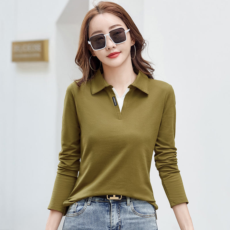Versatile Outerwear Solid-color Contrast-color Casual V-neck Base Layer Top
