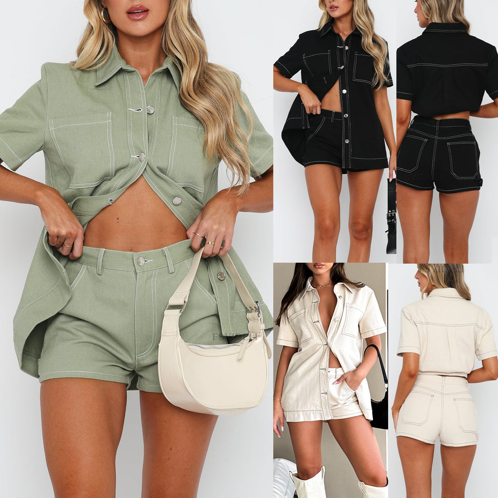 Retro Workwear Long Shirt And Shorts Two-Piece Set