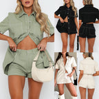 Retro Workwear Long Shirt And Shorts Two-Piece Set