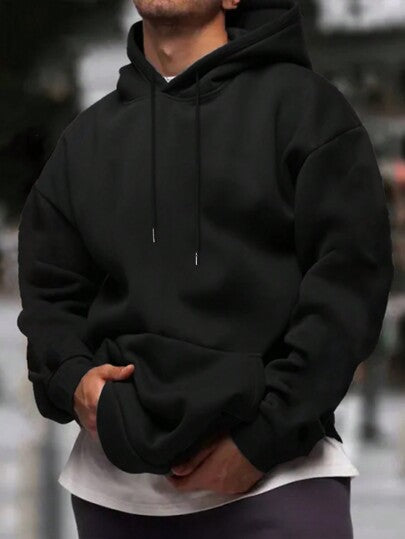 Mens Solid-Color Drop-Shoulder Long-Sleeve Hoodie