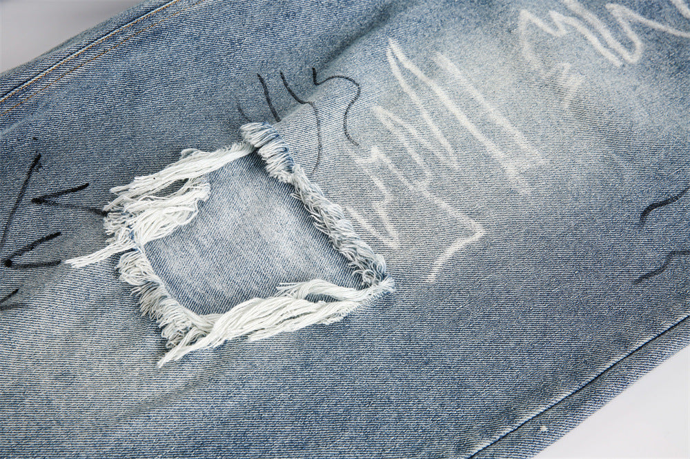 Fashion Destroyed Graffiti Cropped Pants Men