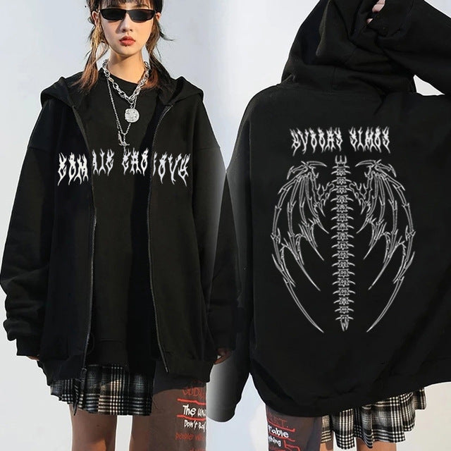 Cross-border Hooded Sweater In Stock Zipper Sweater Autumn And Winter European And American Butterfly Sweater Gothic Style Exercise Hooded Coat