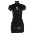 Womens Spring New Fashion PU Leather Slim-fit Stand-collar Short-sleeve Sheath Dress