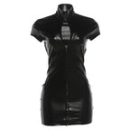 Womens Spring New Fashion PU Leather Slim-fit Stand-collar Short-sleeve Sheath Dress