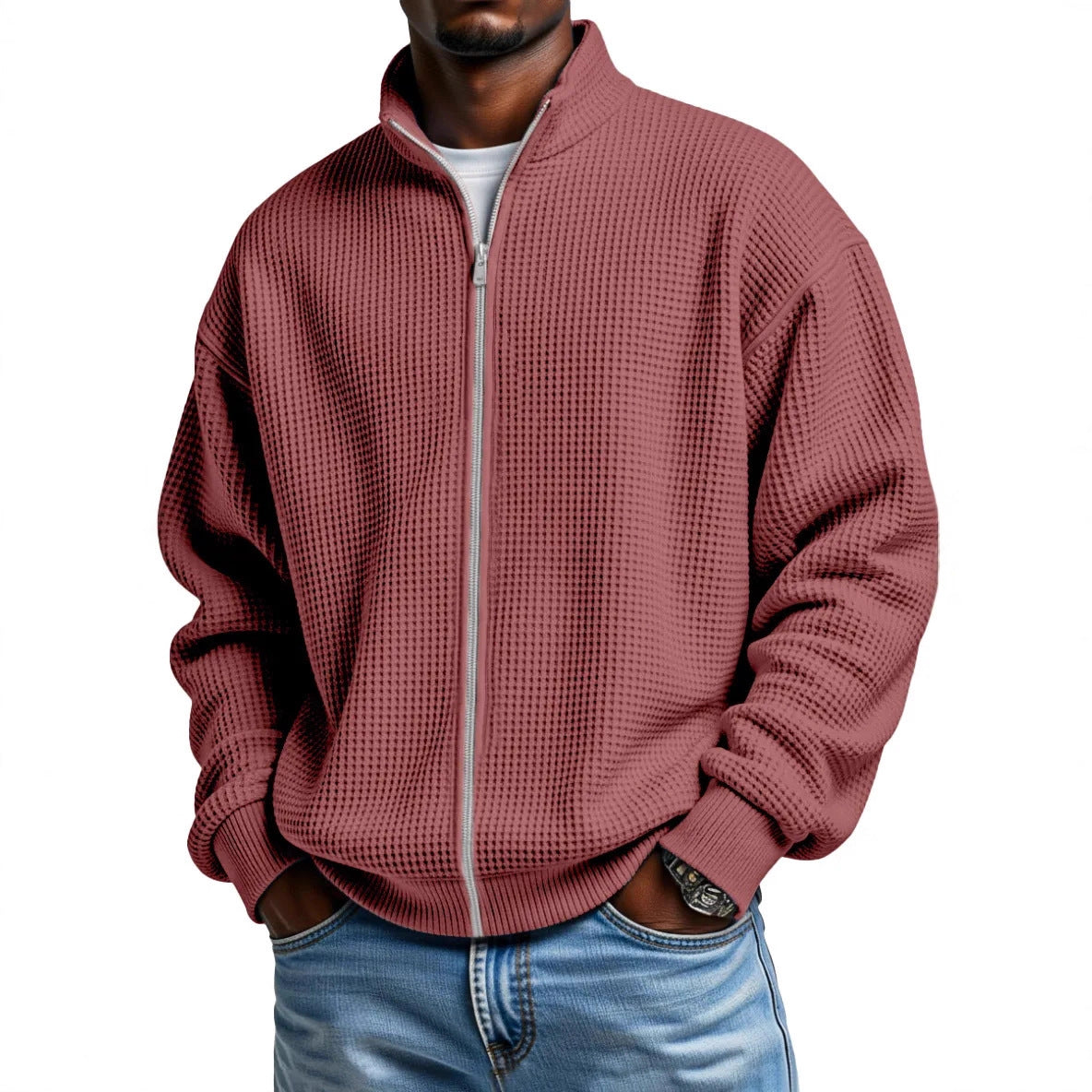 Mens Minimalist Solid-Color Waffle-Weave Stand-Up Collar Zip-Up Jacket