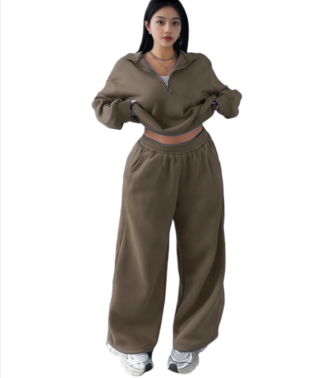 Casual Womens Fashion Half-Zip Pullover Hoodie And Pants Two-Piece Set