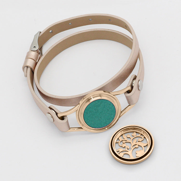 Stainless Steel Titanium Steel Hollow Perfume Fragrance Bracelet Double Circle Leather Belt Essential Oil Diffusion Fragrance Bracelet