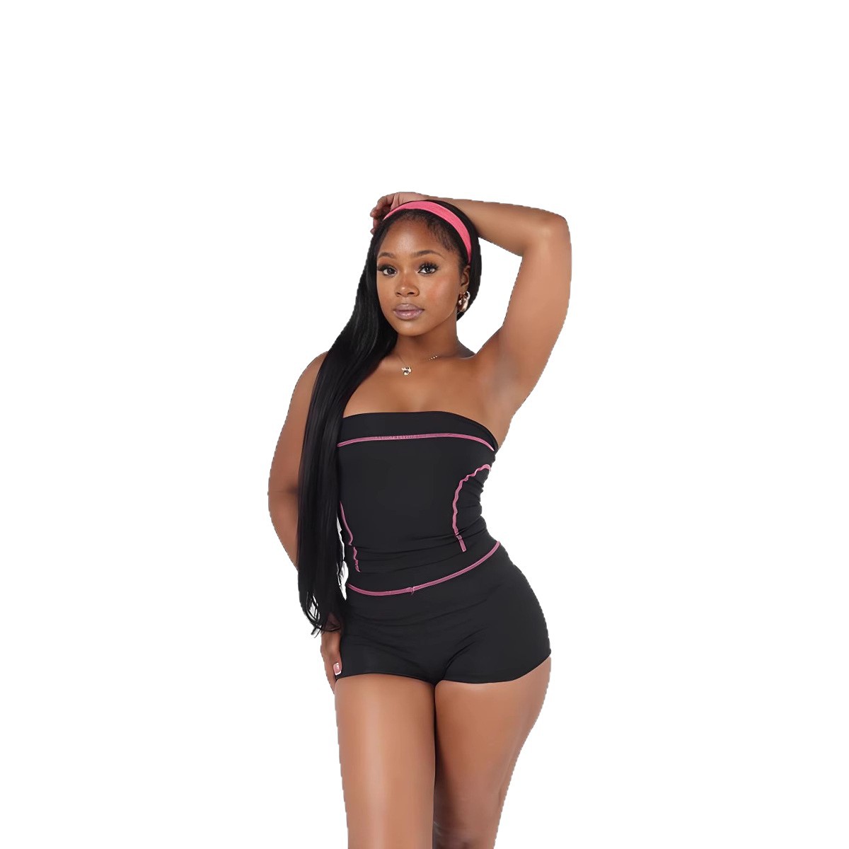 Contrast-Color Strapless Top And Shorts Sports Fitness Yoga Set