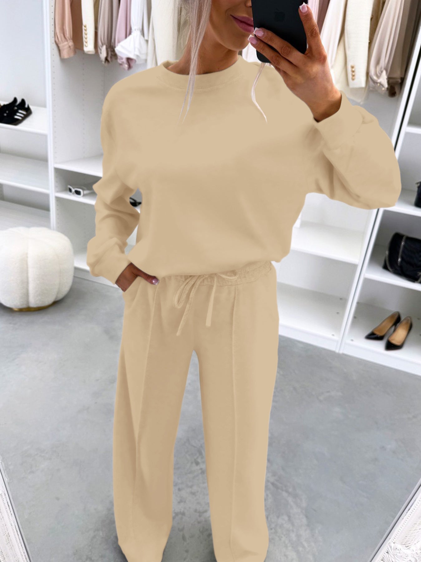 Home-style Drop-shoulder Long-sleeve Top And Casual Pleated Trousers Two-piece Set