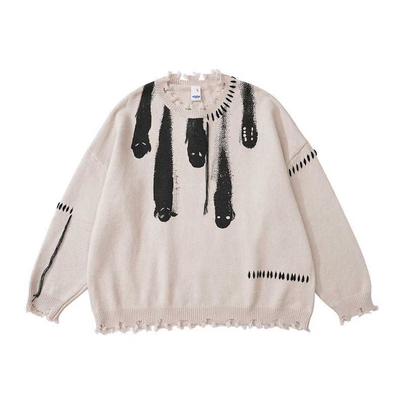 CREW NECK KNIT Collar Fringe Printed Wool Top