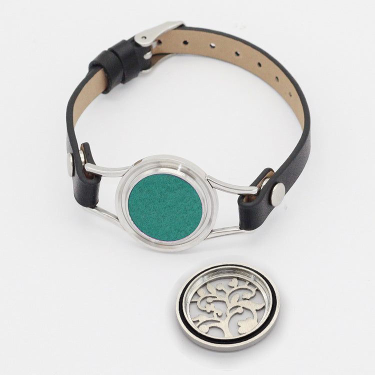 Stainless Steel Titanium Steel Hollow Perfume Fragrance Bracelet Double Circle Leather Belt Essential Oil Diffusion Fragrance Bracelet
