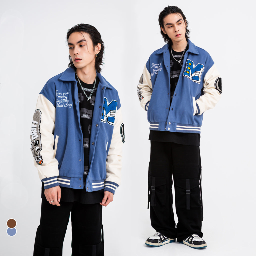 American Punk Flocked Embroidery Letter Contrast Jacket Coat