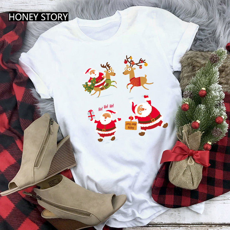 Merry Christmas T Shirt Santa Elk Men''s And Women''s Red Couple Short Sleeve Top