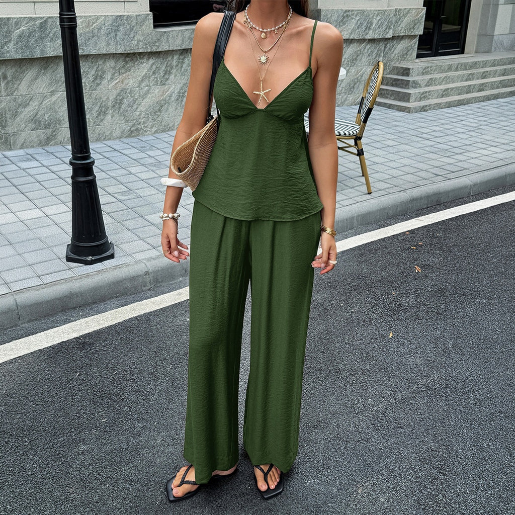 SpringSummer Resort-Style Camisole T-shirt And Pants Womens Outfit Set