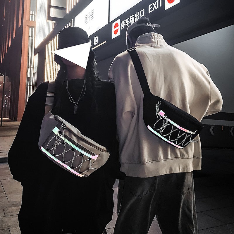 Men'S Chest Bag Oxford Cloth Trendy Cool Style Waist Bag Reflective Strip Shoulder Messenger Bag Men