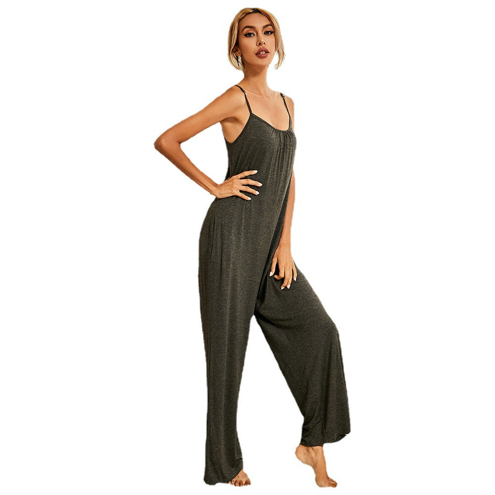Cross Border  Women''s Round Neck Suspender Jumpsuit Modal Solid Color Jumpsuit