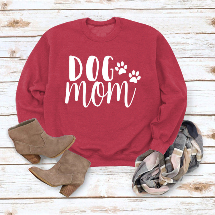 Dog Mom Lettered Casual Round Neck Long Sleeve Sweater Europe And America Cross Border Fashion Loose Base Ride Top For Women