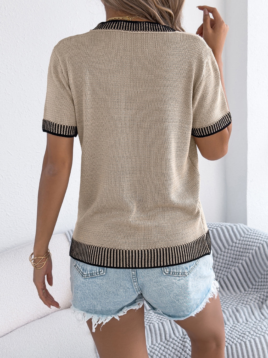 Women S Casual Color Block Stripe Pocket Short Sleeve Knit Top