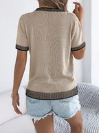 Women S Casual Color Block Stripe Pocket Short Sleeve Knit Top