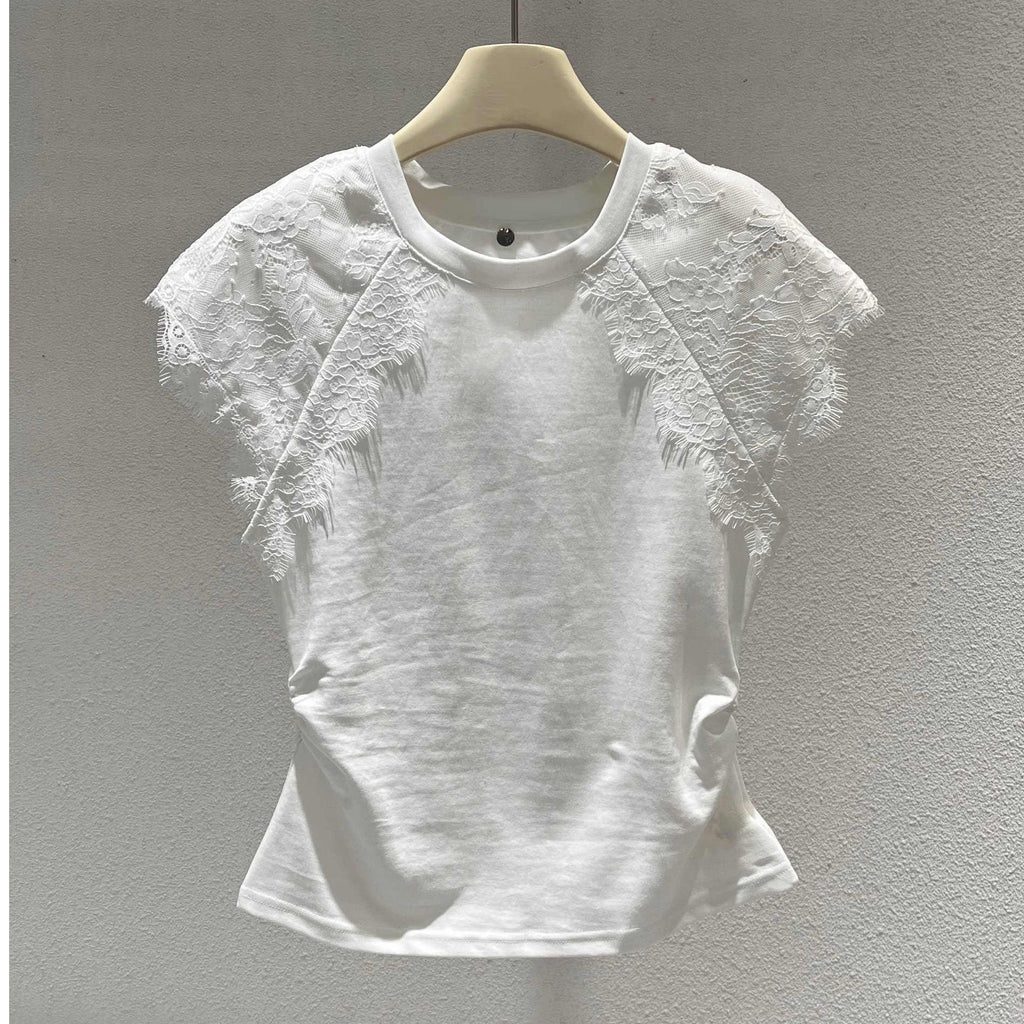 Simple Lace-spliced Round-neck Short Sleeves