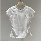 Simple Lace-spliced Round-neck Short Sleeves
