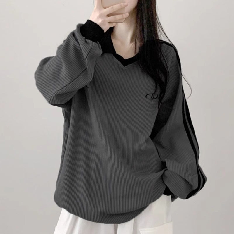 Contrast-color POLO Collar Striped Hoodie
