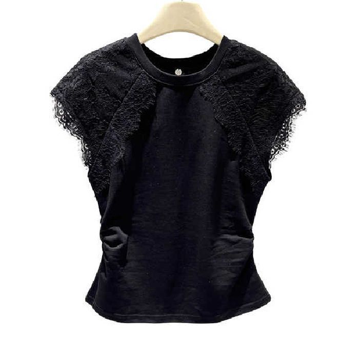 Simple Lace-spliced Round-neck Short Sleeves
