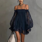 Long-sleeve Slip Dress In Solid Color With A Stretchy Boat Neck And Lace Detailing