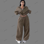 Casual Womens Fashion Half-Zip Pullover Hoodie And Pants Two-Piece Set
