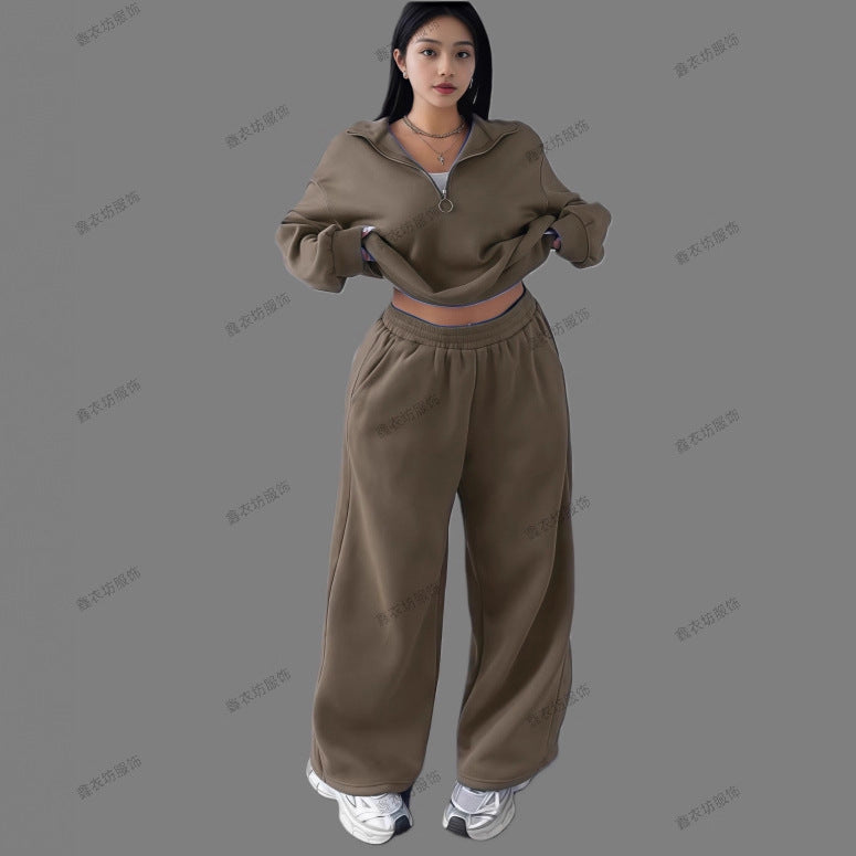 Casual Womens Fashion Half-Zip Pullover Hoodie And Pants Two-Piece Set