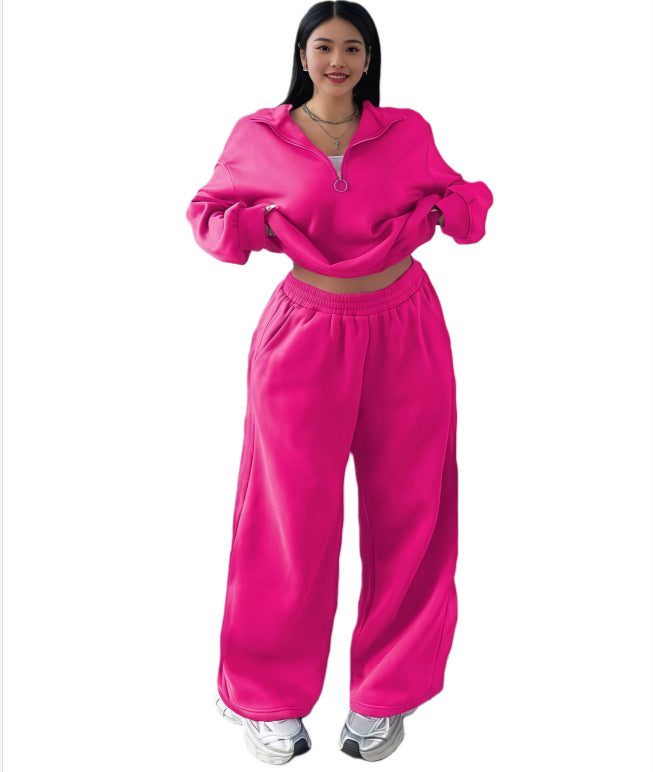 Casual Womens Fashion Half-Zip Pullover Hoodie And Pants Two-Piece Set