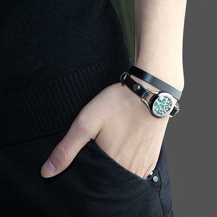 Stainless Steel Titanium Steel Hollow Perfume Fragrance Bracelet Double Circle Leather Belt Essential Oil Diffusion Fragrance Bracelet