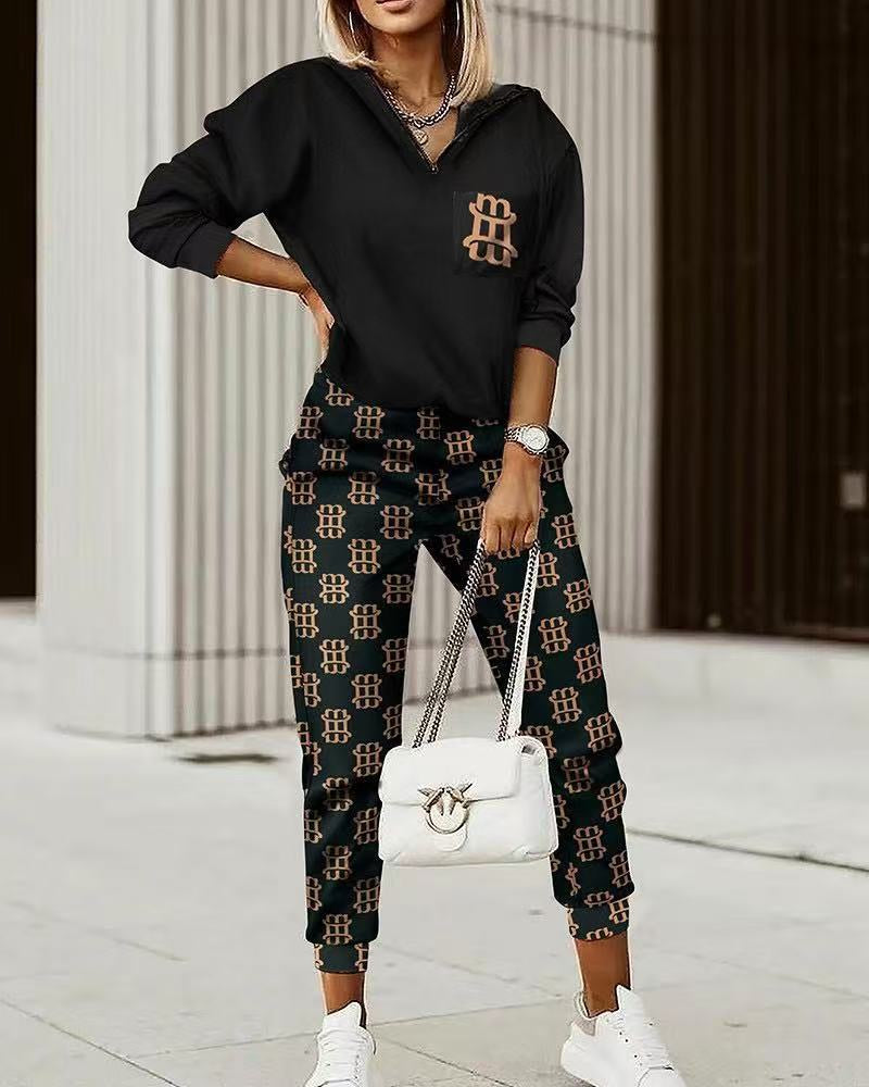 Women's Printed Panel Hood Top Pant Set