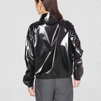 PU Faux Leather Mirrored Surface High-neck Zip-up Loose-fit Streetwear Hoodie
