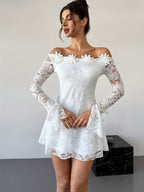 SpringSummer White Off-Shoulder Lace Short Dress For Women