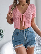 Women S Tie Front Hollow Out Short Sleeve Cropped Knit Cover-Up