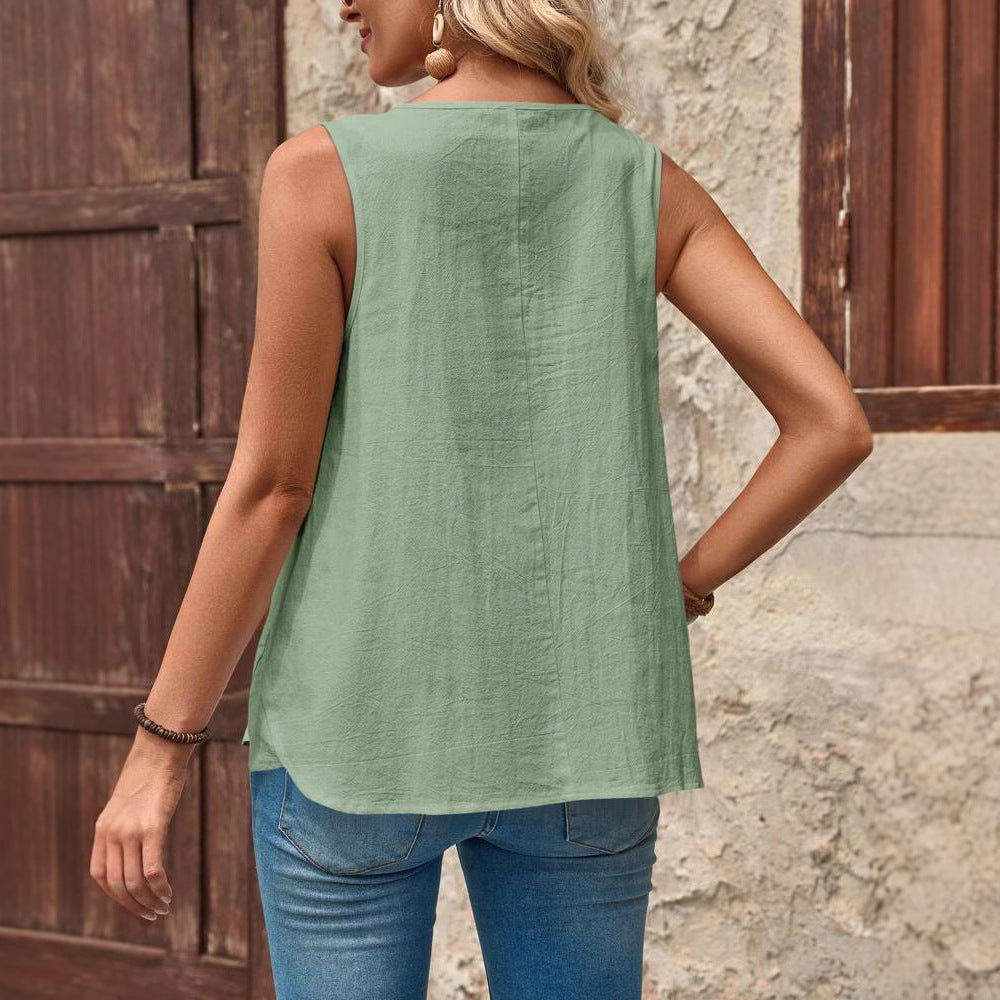 Womens Casual Loose Round-Neck Sleeveless Solid-Colored Cotton Top With Buttons