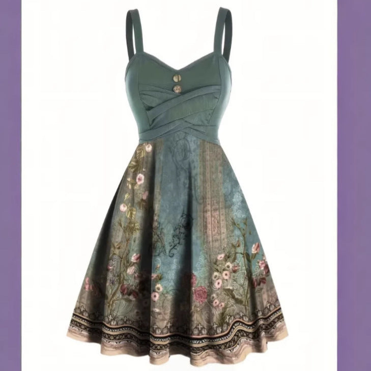 Elegant Green Floral Print Strapless Slip Dress