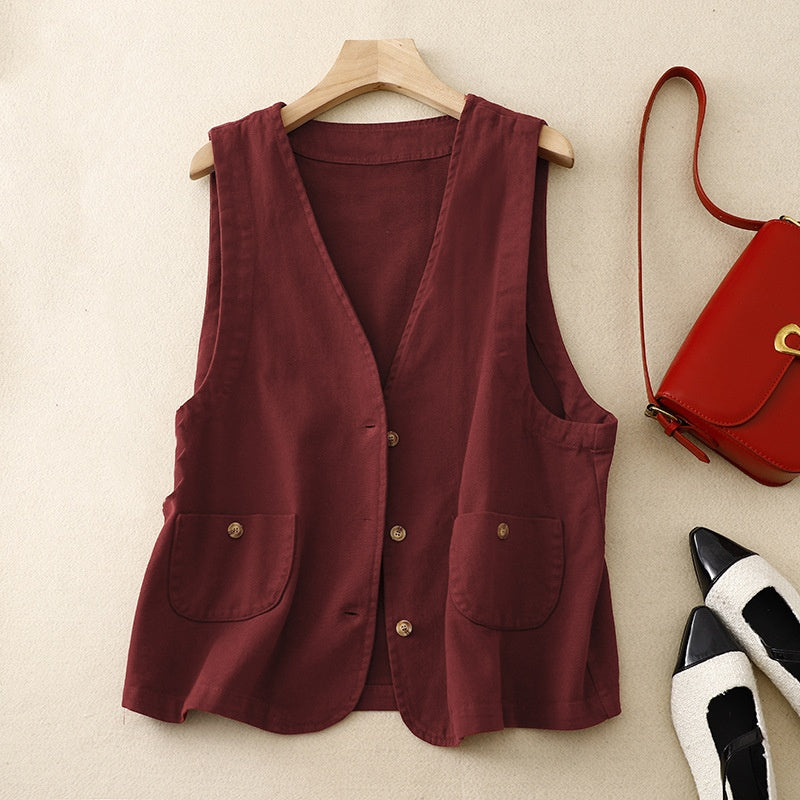 Spring Retro Twill Sleeveless Work Vest