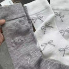 3-Pack Coquette Bow Print Crew Socks, Ribbed Knit Mid-Calf Socks, Cute Casual Socks For Women & Girls
