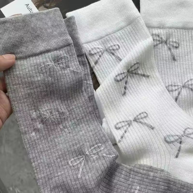3-Pack Coquette Bow Print Crew Socks, Ribbed Knit Mid-Calf Socks, Cute Casual Socks For Women & Girls