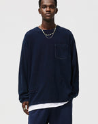 Men's Blue Dyed Knitted Denim Long Sleeve T-shirt Pocket Decoration Wash Water Top