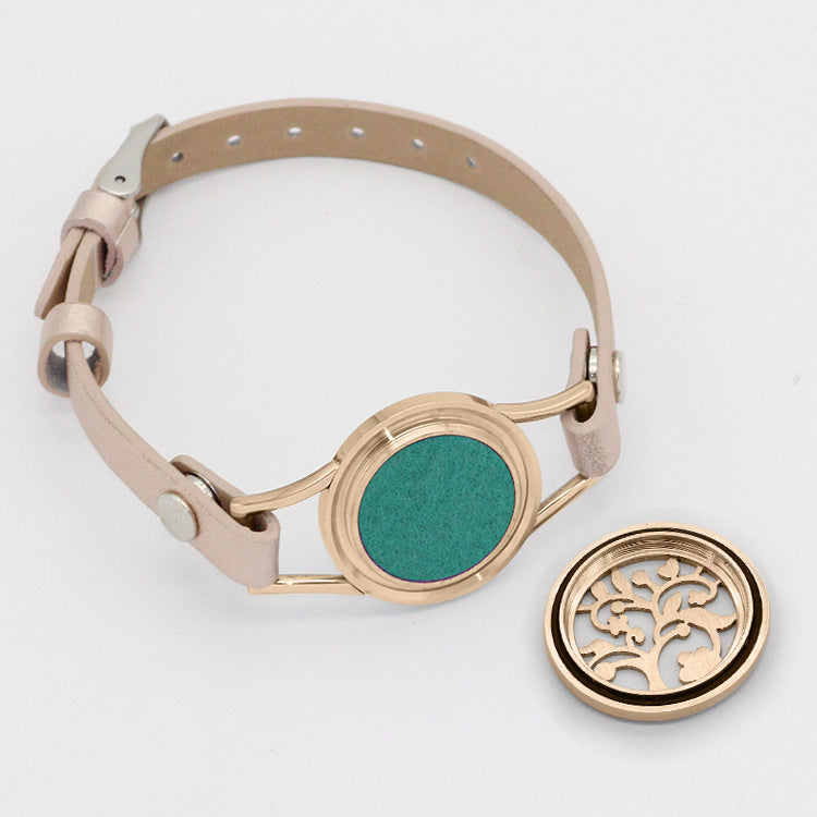 Stainless Steel Titanium Steel Hollow Perfume Fragrance Bracelet Double Circle Leather Belt Essential Oil Diffusion Fragrance Bracelet
